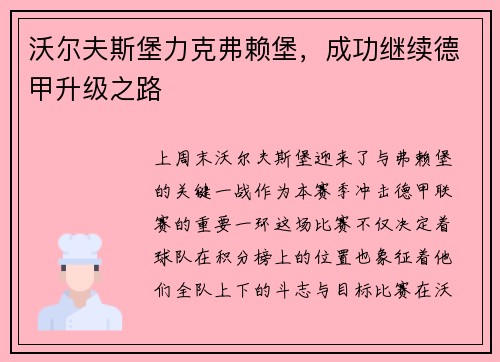 沃尔夫斯堡力克弗赖堡，成功继续德甲升级之路