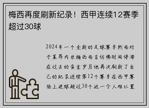 梅西再度刷新纪录！西甲连续12赛季超过30球