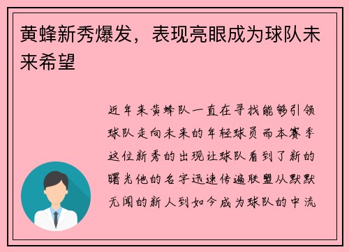 黄蜂新秀爆发，表现亮眼成为球队未来希望